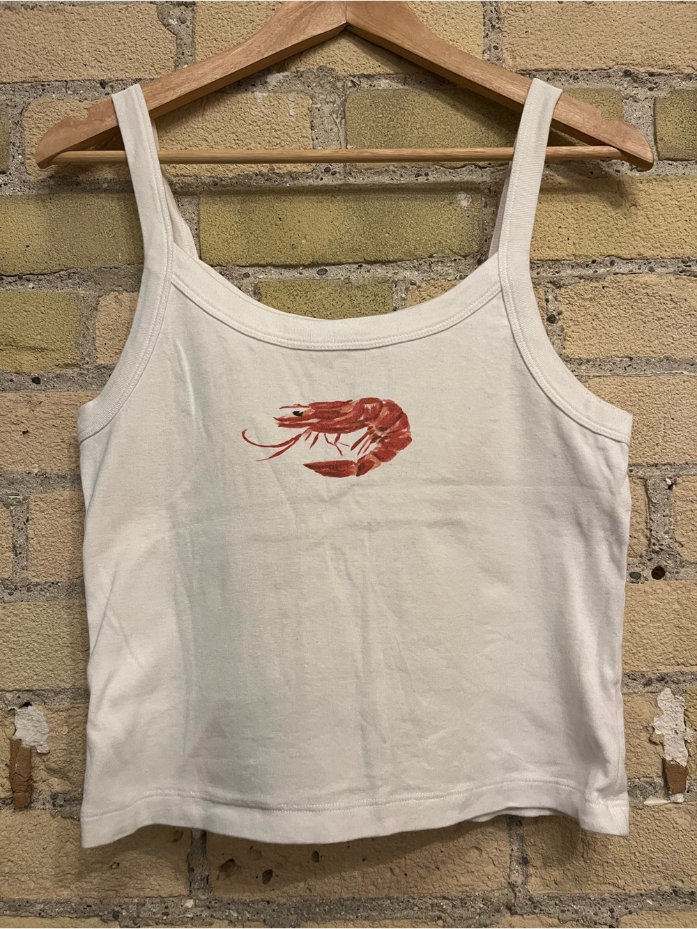 Lisa Says Gah White Tank with Red Shrimp Motif